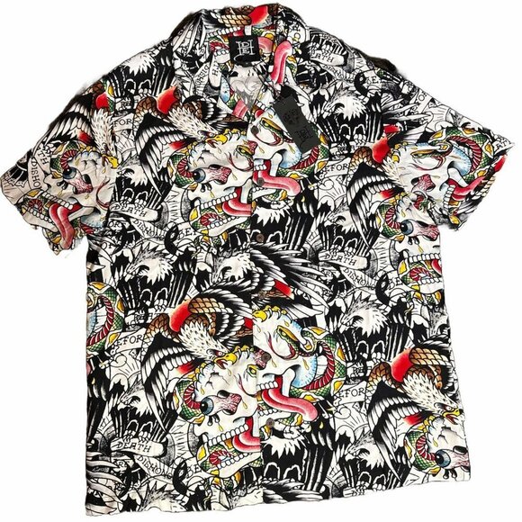 Ed Hardy Death before Dishonor Camp Button Up, New, Size Medium - Picture 1 of 6